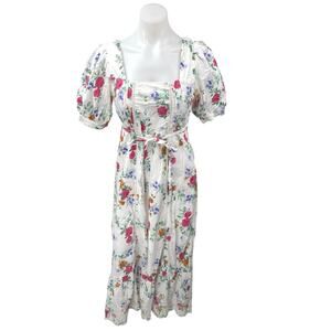 L.O.V White Multicolor Floral Puff Sleeve Square Neck Tie Waist Midi Dress Sz S